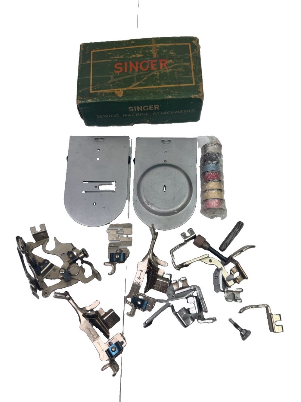 Vintage Singer Slant Shank Sewing Machine Attachments Lot Box 301 401 500 Plates